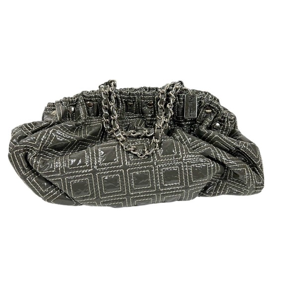 Serpui Marie Gray Chain Square Geometry Patent Leather Shoulder Purse - Picture 1 of 11